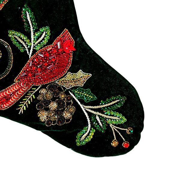 Neiman Marcus Embellished Green Velvet Christmas  Cardinal Stocking Holiday NEW - Picture 11 of 11